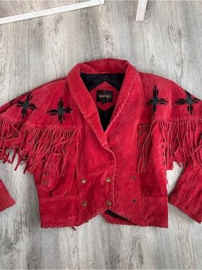 VTG 80's Red Leather Fringe Jacket Women s  Learsi Moto Western Festival Cowgirl